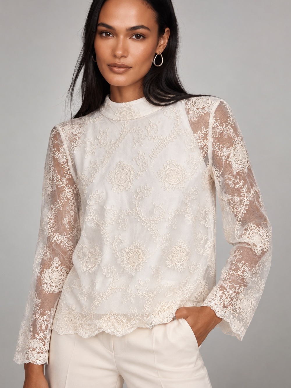 Chico’s White Embroidered Mesh Lace Blouse Sheer Sleeve Size 1 or M 8-10 Boho